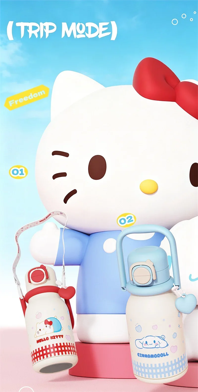X&W640ML Stainless Steel Kawaii Sanrio Hello Kitty Insulated Water Bottle Straw Cup Vacuum Cup Portable Outdoor Ice Bucket