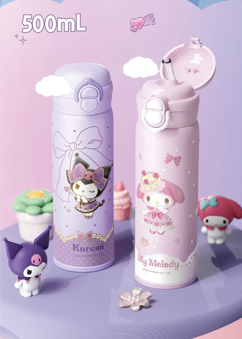 X&W Sanrio 500mL Vacuum Cup Insulated Coffee Mug Kuromi Thermos Cup 316 Stainless Steel Double Drinking Straw Cup Water Bottles
