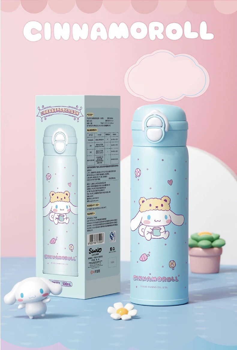 X&W Sanrio 500mL Vacuum Cup Insulated Coffee Mug Kuromi Thermos Cup 316 Stainless Steel Double Drinking Straw Cup Water Bottles