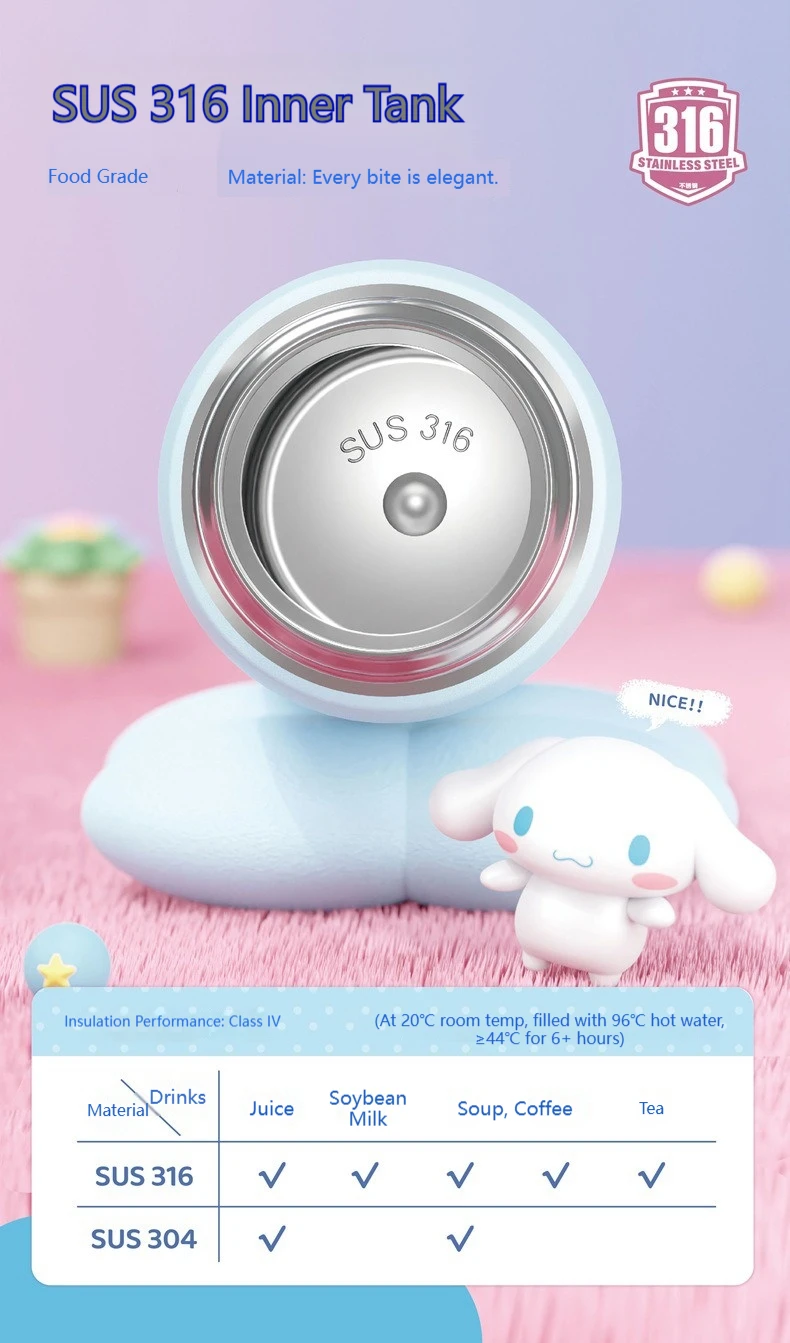 X&W Sanrio 500mL Vacuum Cup Insulated Coffee Mug Kuromi Thermos Cup 316 Stainless Steel Double Drinking Straw Cup Water Bottles