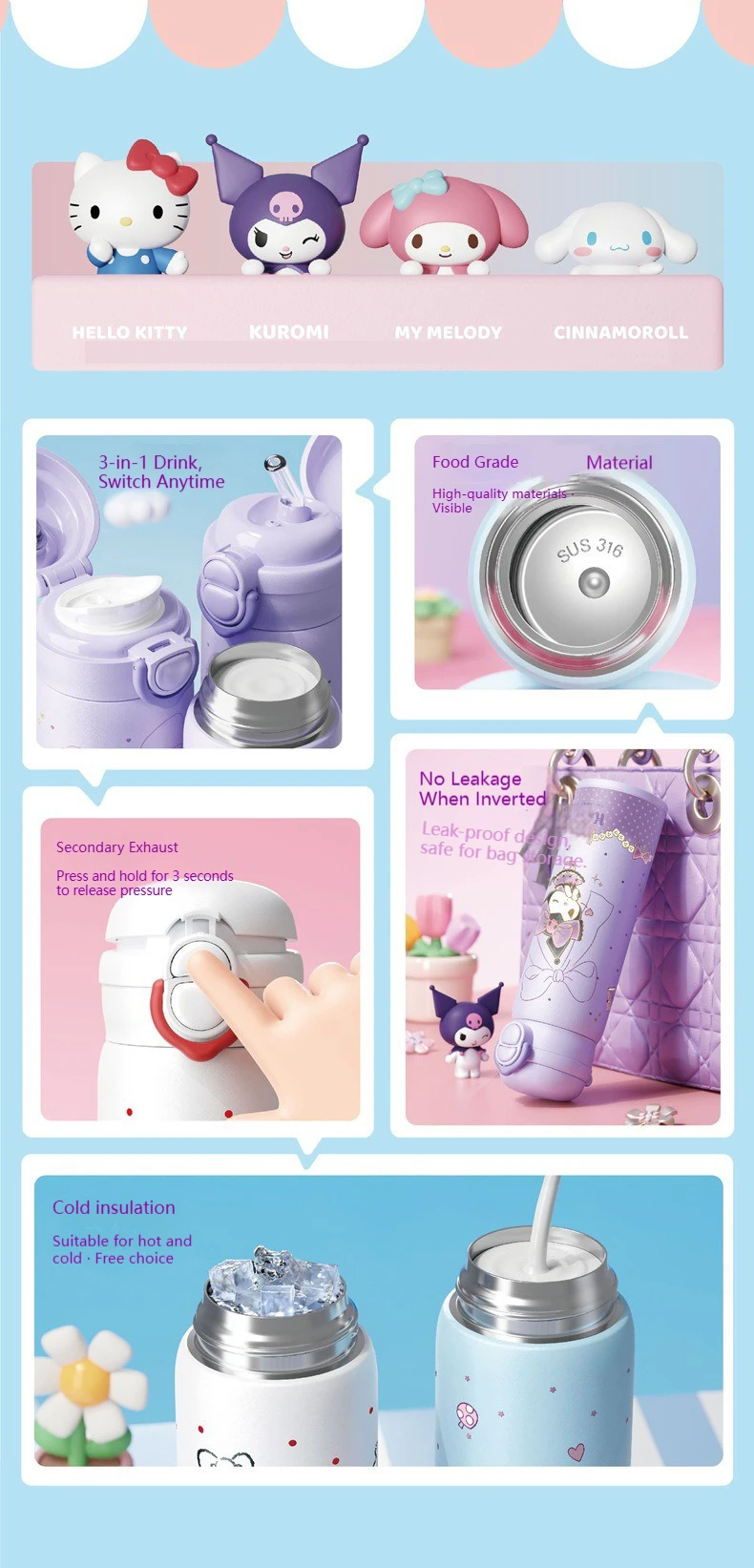 X&W Sanrio 500mL Vacuum Cup Insulated Coffee Mug Kuromi Thermos Cup 316 Stainless Steel Double Drinking Straw Cup Water Bottles