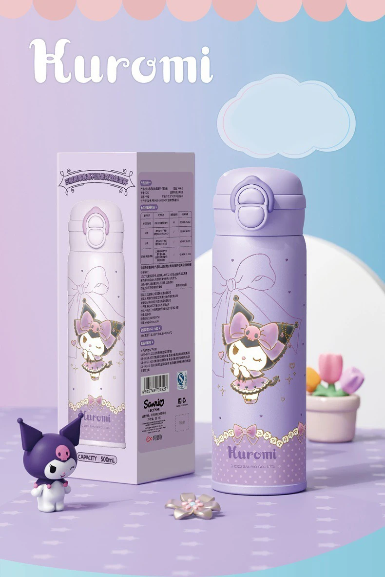 X&W Sanrio 500mL Vacuum Cup Insulated Coffee Mug Kuromi Thermos Cup 316 Stainless Steel Double Drinking Straw Cup Water Bottles