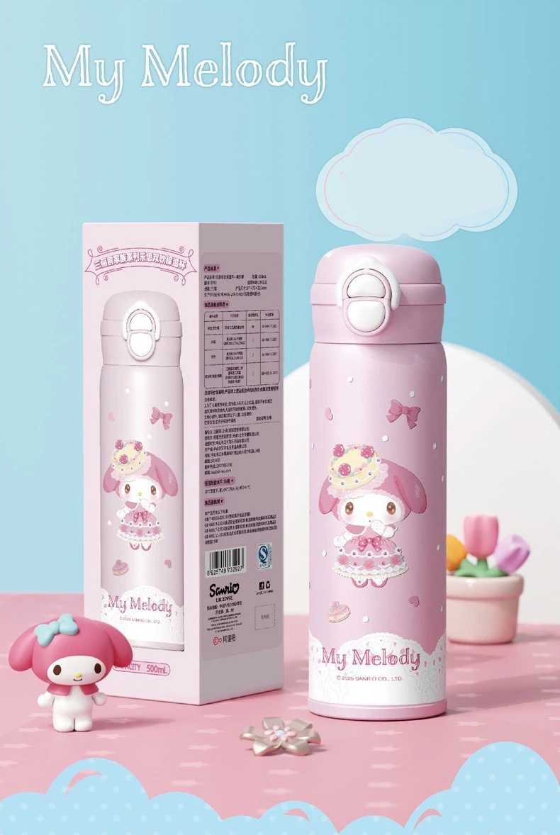 X&W Sanrio 500mL Vacuum Cup Insulated Coffee Mug Kuromi Thermos Cup 316 Stainless Steel Double Drinking Straw Cup Water Bottles