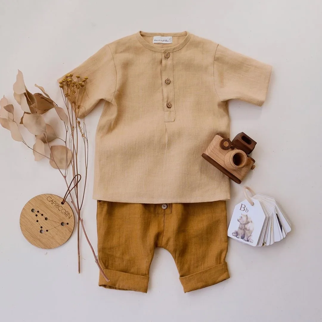 Vintage Linen Cotton Boys Shirt Toddler Summer Casual Clothing Sets Solid Short Sleeve T-Shirt Tops+Shorts Outfits For 0-3T Kids