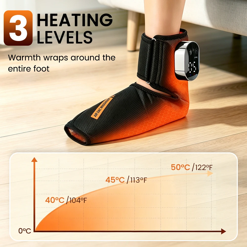 Heated Foot & Ankle Massager, Portable Air Compression Wrap with Vibration, Rechargeable, 3 Modes & 3 Intensities for Tired Feet