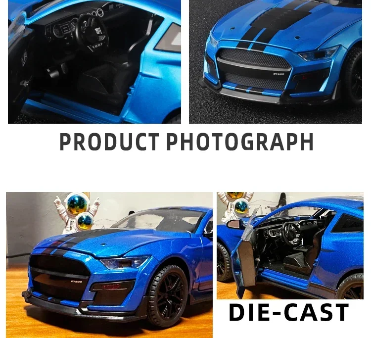 Large 1:18 Ford Mustang GT500 Miniatures Alloy Diecast Metal Vehicle Model Collectibles Sound Light Toys Car Gifts For Kids Boys