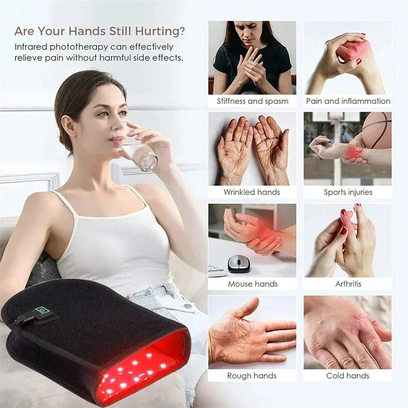 LED Red Light Glove 660nm & 850nm Infrared Light Therapy for Wrist Fingers Hand Arthritis Beauty Fatigue Relief USB Plug-in