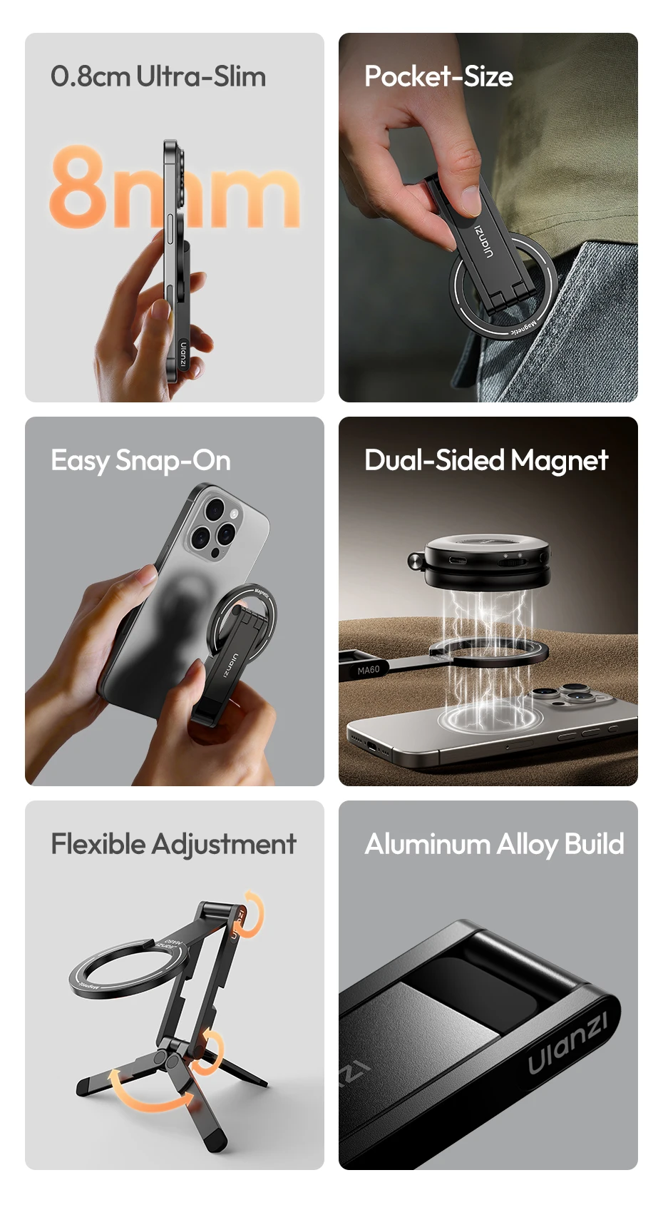 Ulanzi MA60 Foldable Magnetic Phone Tripod 0.8cm Ultra-Slim Dual-Sided Magnet Phone Tripod for Desktop Stand Livestreaming Vlog