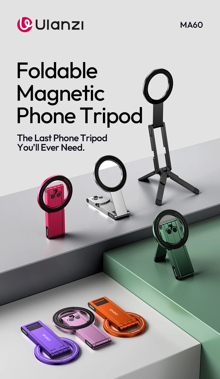 Ulanzi MA60 Foldable Magnetic Phone Tripod 0.8cm Ultra-Slim Dual-Sided Magnet Phone Tripod for Desktop Stand Livestreaming Vlog