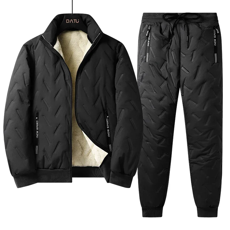 Autumn Winter Lamb Woolen Tracksuit Men Thick Warm Fleece Lined 2 Piece Sets Jacket + Pants Sportswear Plus Size 7XL Sweat Suits