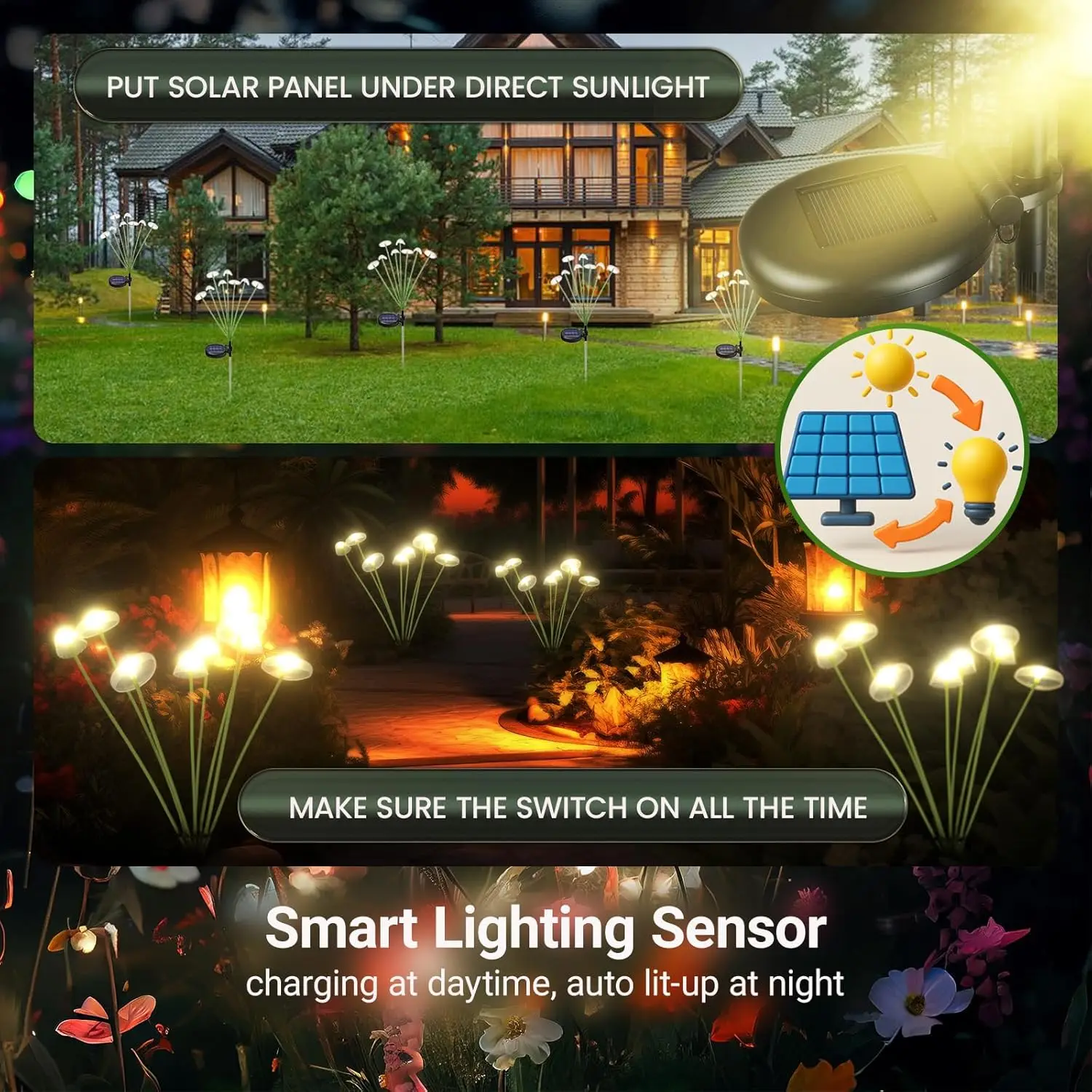 6LEDs Solar Mushroom Lights Outdoor Waterproof Garden Decor Dual Mode for Patio Pathway