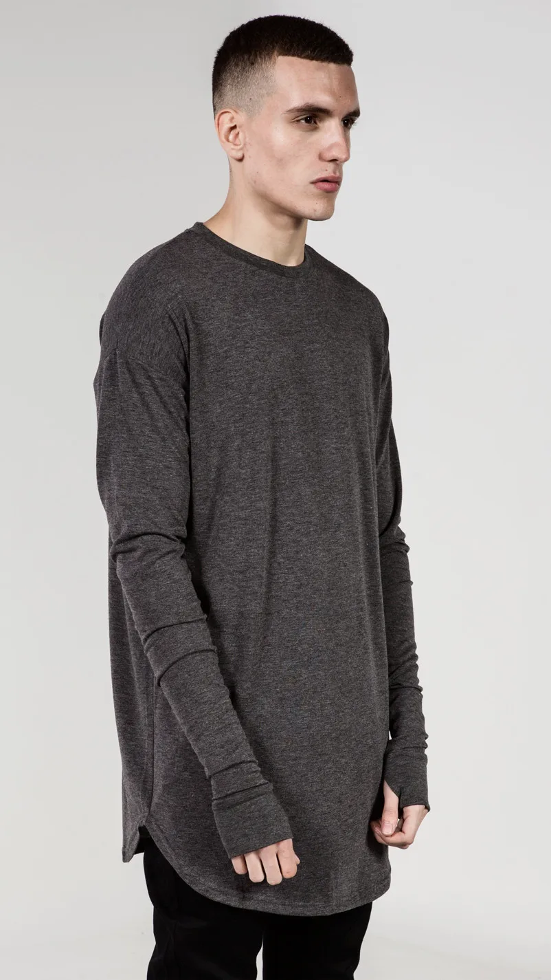 Quality Hip Hop T Shirt Full Mens Long Sleeve T-Shirt with Thumb Hole Cuffs Tees Shirts Curve Hem Men Street Wear Tops Plus Size