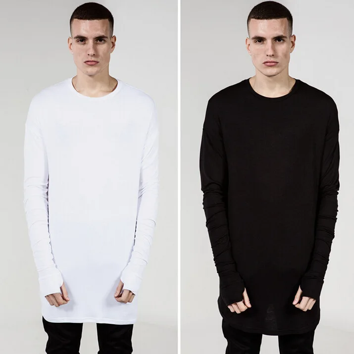Quality Hip Hop T Shirt Full Mens Long Sleeve T-Shirt with Thumb Hole Cuffs Tees Shirts Curve Hem Men Street Wear Tops Plus Size