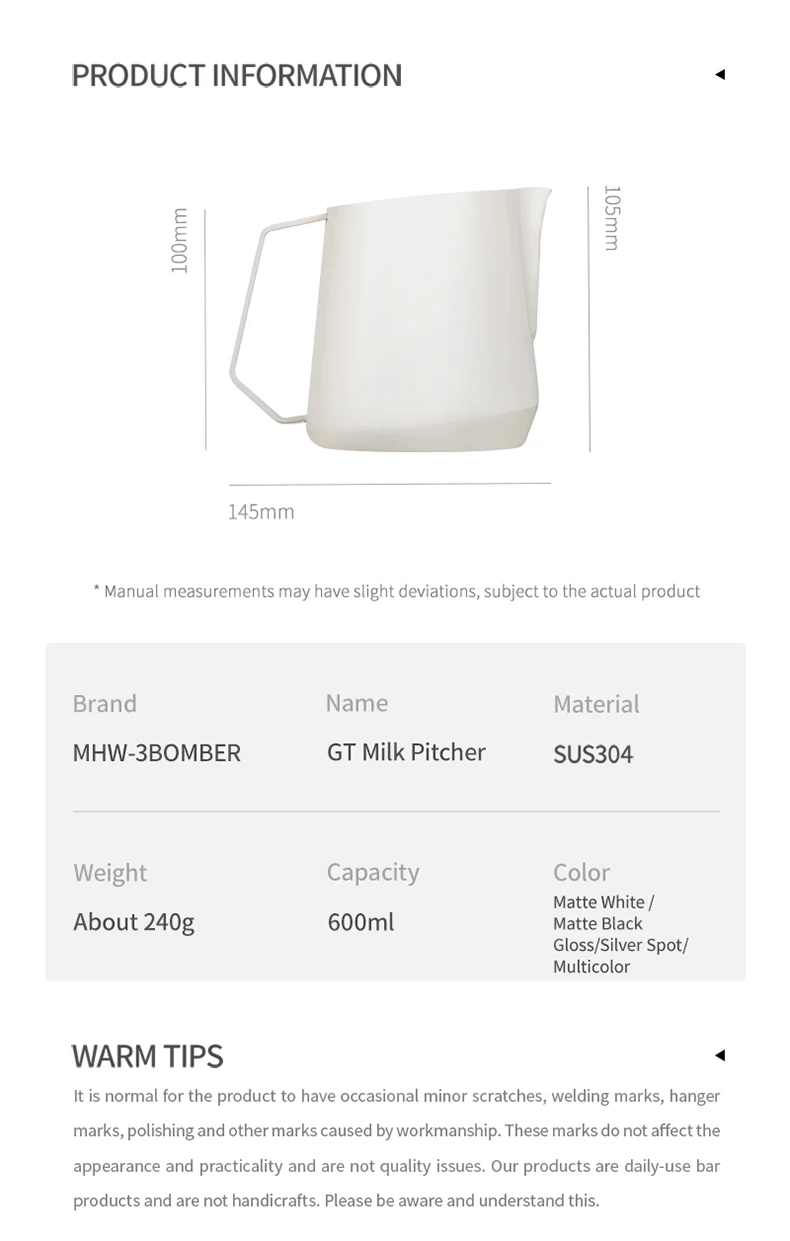MHW-3BOMBER Milk Frother Jug 600ml Milk Frothing Pitcher Steaming Pitchers for Coffee/Cappuccino/Latte Art Coffee Accessories
