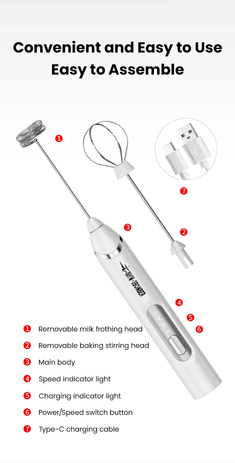 MHW-3BOMEBR Rechargeable Milk Frother Handheld Electric Foam Maker Stainless Steel Whisk Drink Mixer Foamer for Latte/Cappuccino