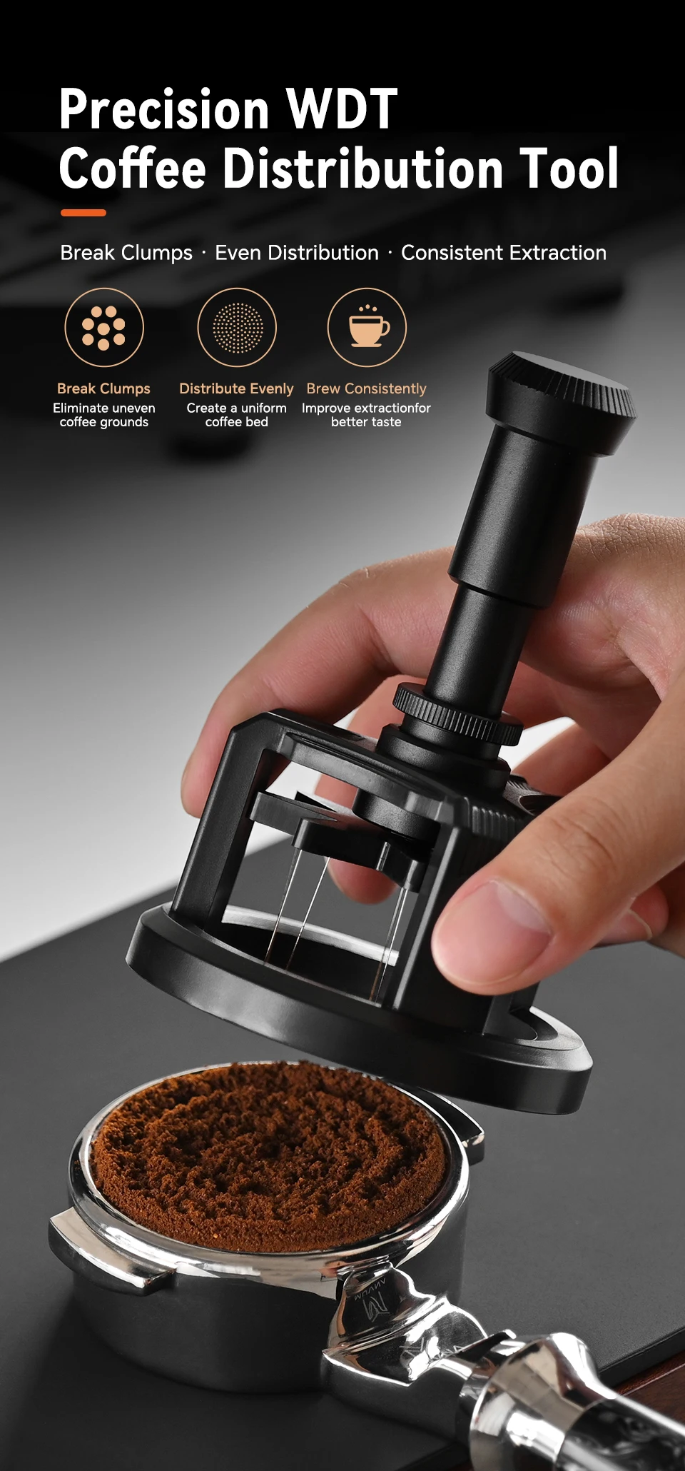 MUVNA WDT Tool Needle Distribution for 51/53/58mm Portafilter, Press to Automatically Rotate with 9 Needles Coffee Accessories