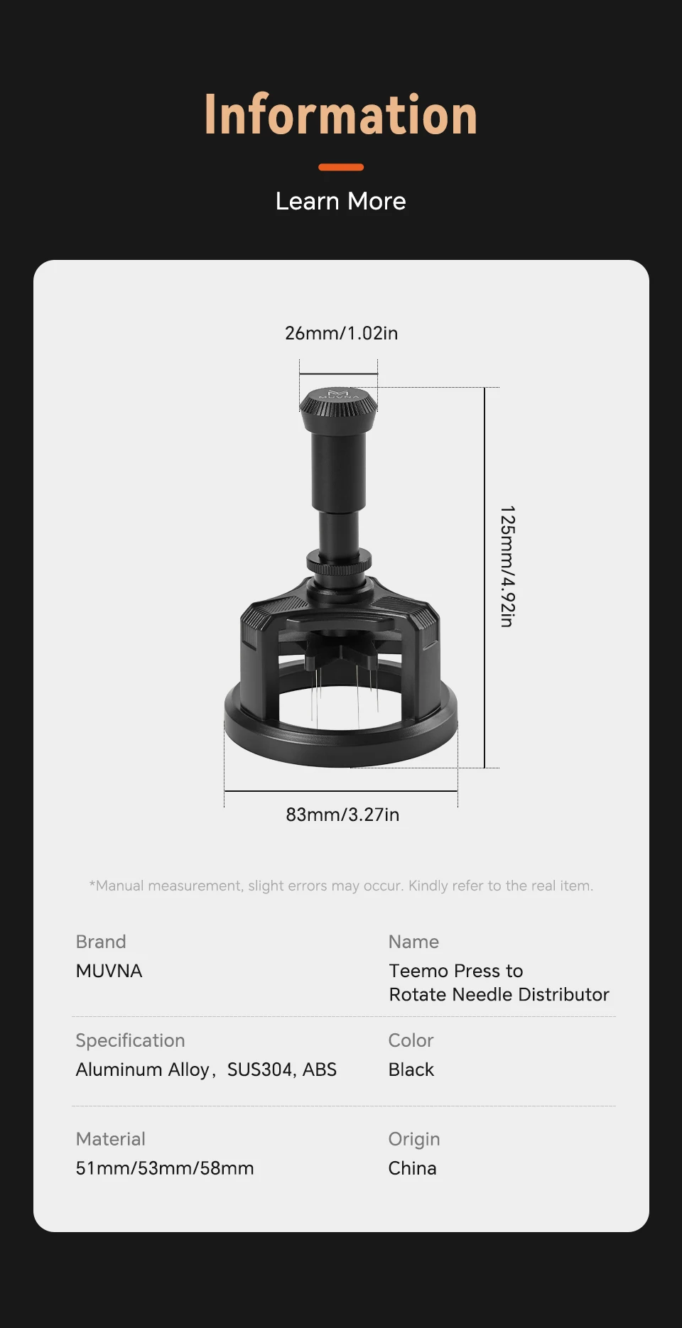 MUVNA WDT Tool Needle Distribution for 51/53/58mm Portafilter, Press to Automatically Rotate with 9 Needles Coffee Accessories