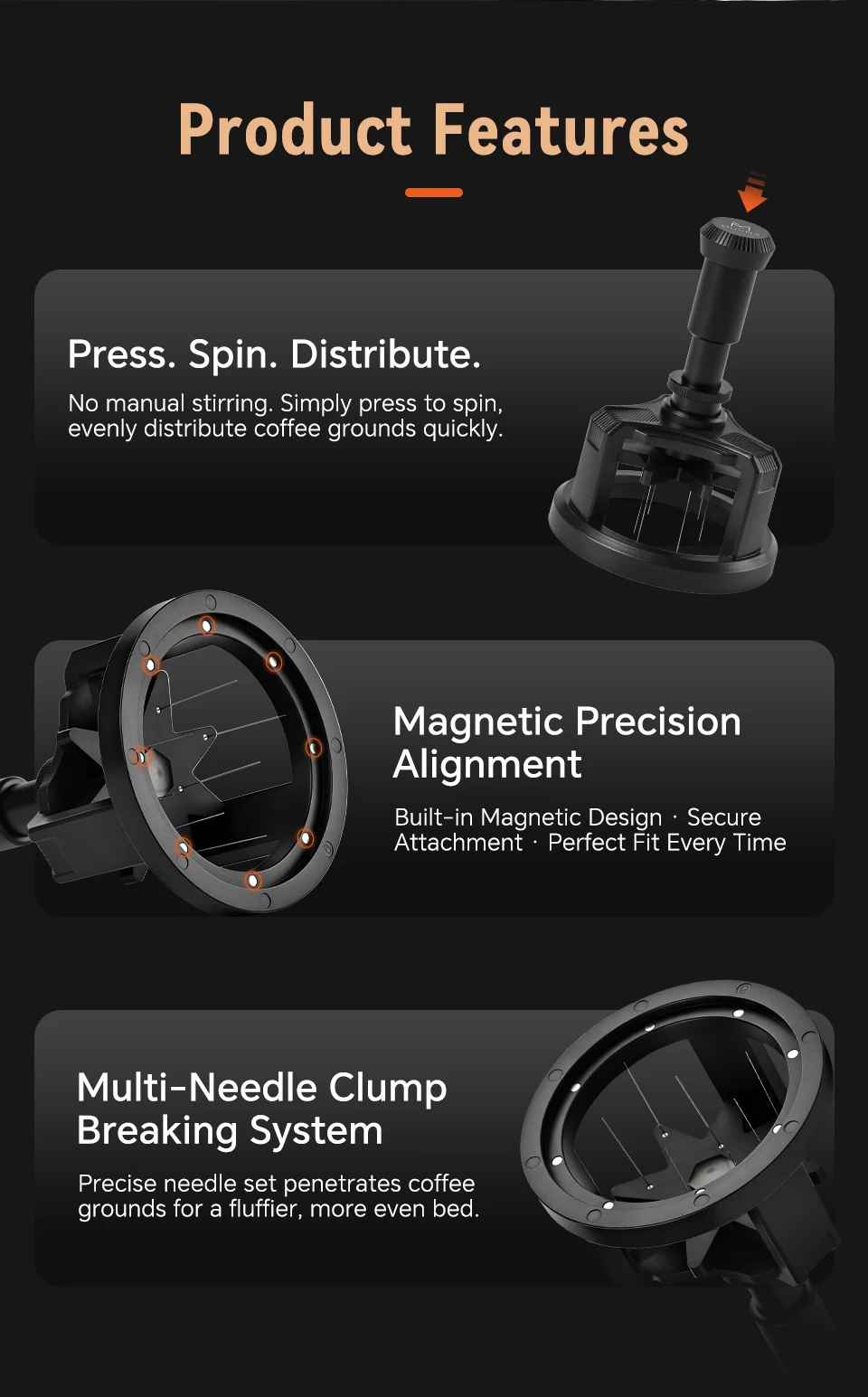 MUVNA WDT Tool Needle Distribution for 51/53/58mm Portafilter, Press to Automatically Rotate with 9 Needles Coffee Accessories