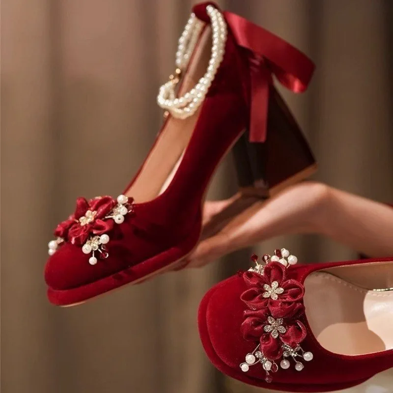 Red Wedding Shoes, Two-wear Wedding Dress, Mary Jane's Thick and High Heel Women's Shoes 2025 New Style