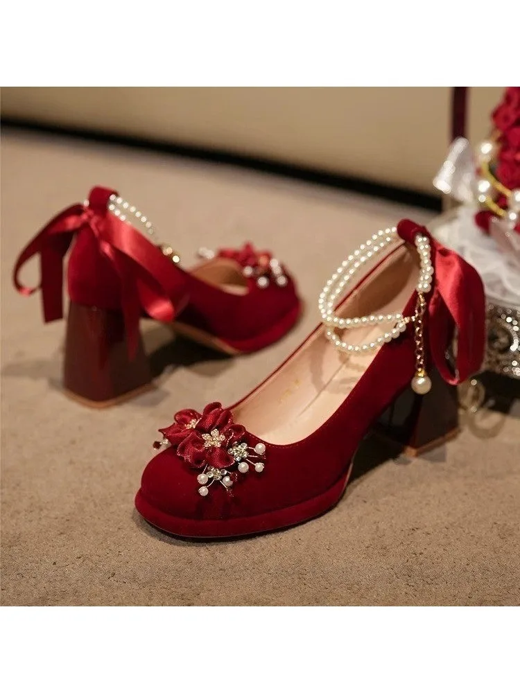 Red Wedding Shoes, Two-wear Wedding Dress, Mary Jane's Thick and High Heel Women's Shoes 2025 New Style