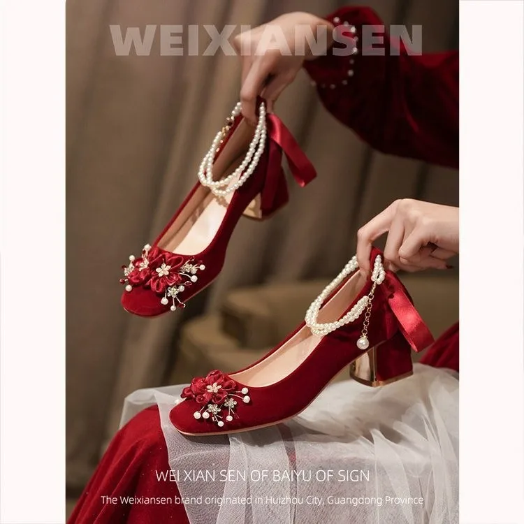Red Wedding Shoes, Two-wear Wedding Dress, Mary Jane's Thick and High Heel Women's Shoes 2025 New Style