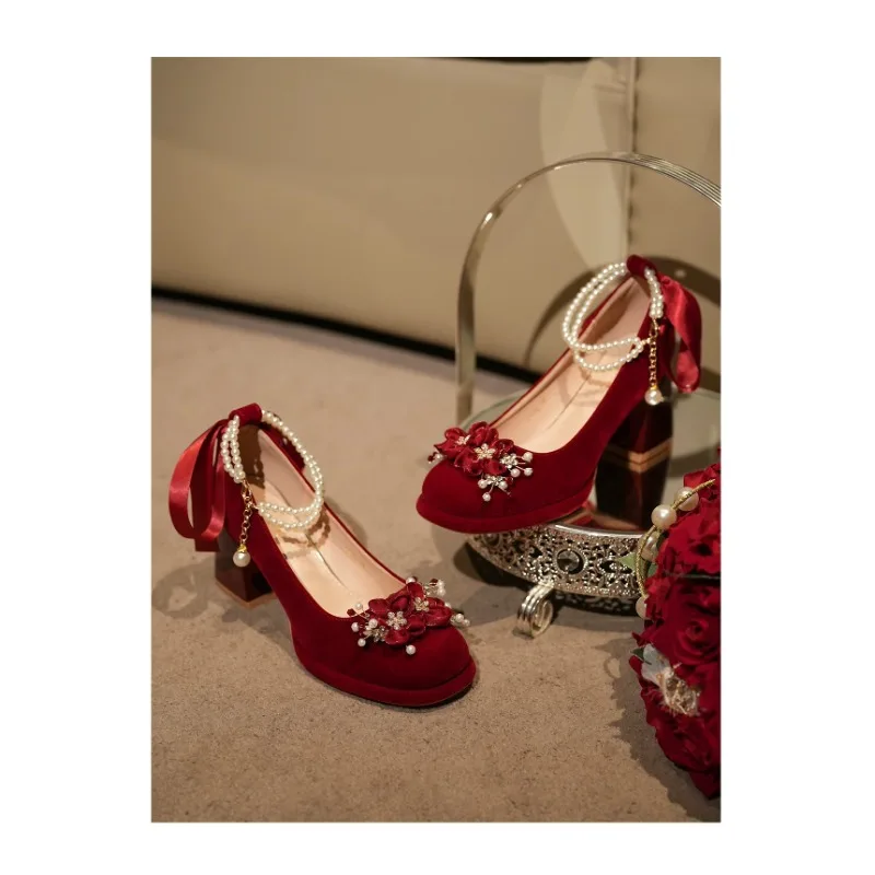 Red Wedding Shoes, Two-wear Wedding Dress, Mary Jane's Thick and High Heel Women's Shoes 2025 New Style