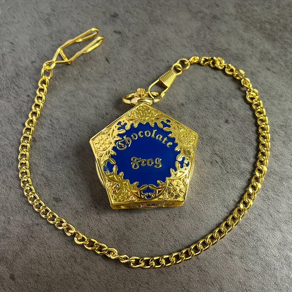 Personalized Fashion College Style Pentagonal Gold Blue Case Quartz Pendant Hanging Watch for Boys and Students Pocket Watch