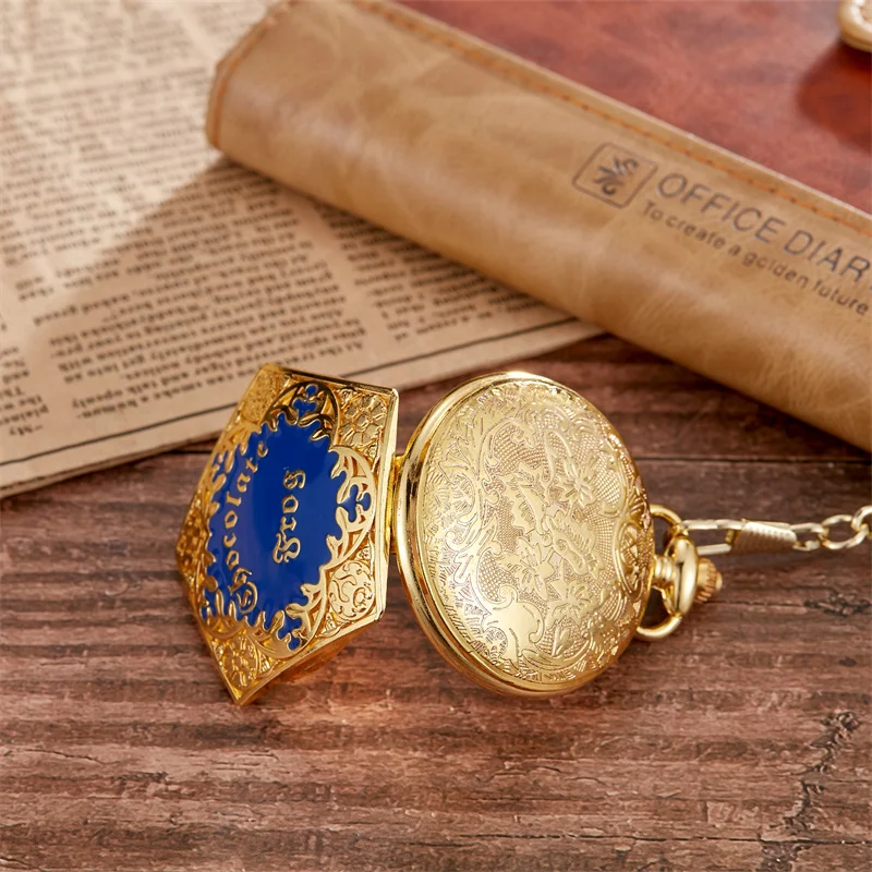 Personalized Fashion College Style Pentagonal Gold Blue Case Quartz Pendant Hanging Watch for Boys and Students Pocket Watch