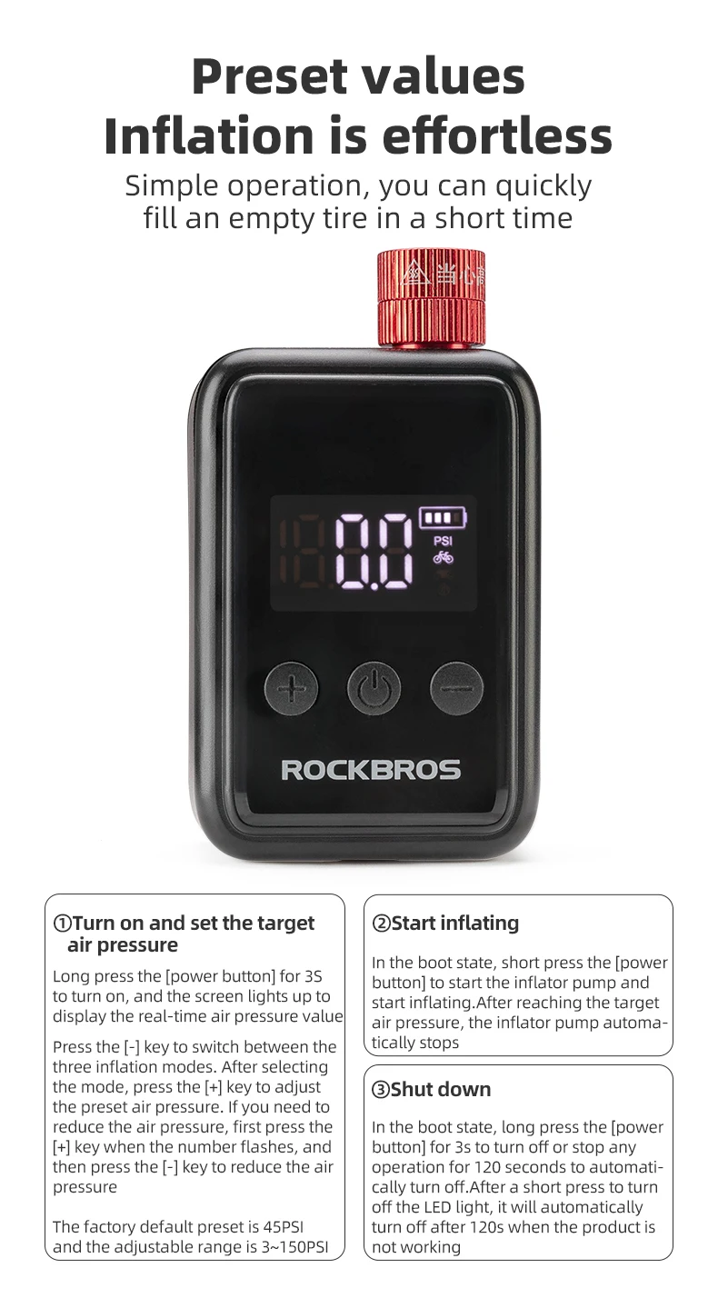 ROCKBROS 150PSI Portable Bike Electric Air Pump LED Display 500mAH Type-C Mini Compressor Tire Inflator MTB Road Bicycle Pump