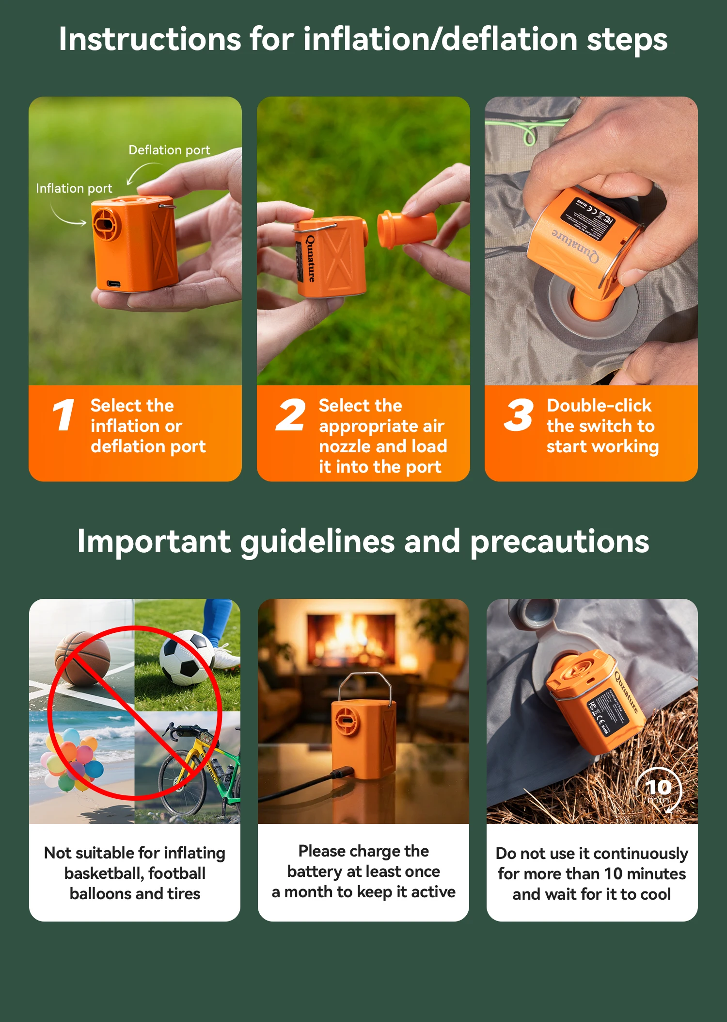 Qunature Air Pump Inflatable Outdoor Electric Inflator for Mattresses Pillows 3-mode lighting Portable Lightweight Pump
