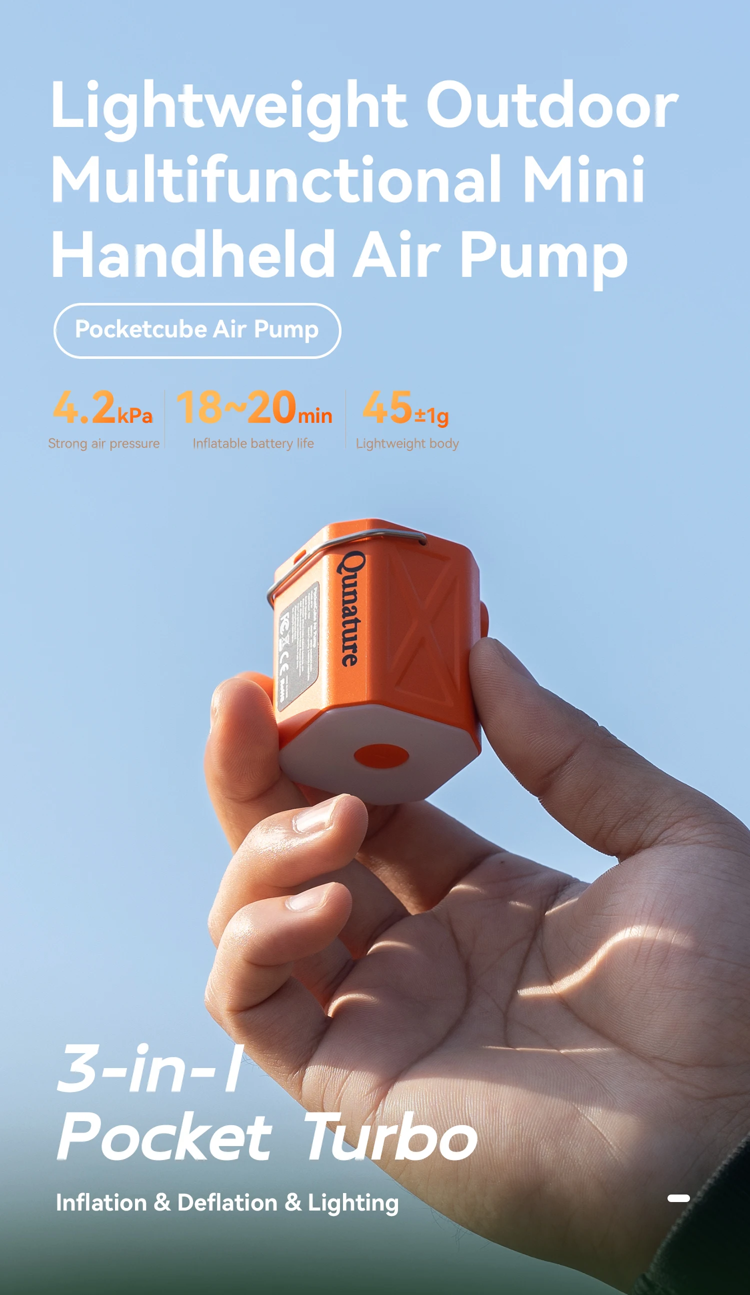 Qunature Air Pump Inflatable Outdoor Electric Inflator for Mattresses Pillows 3-mode lighting Portable Lightweight Pump