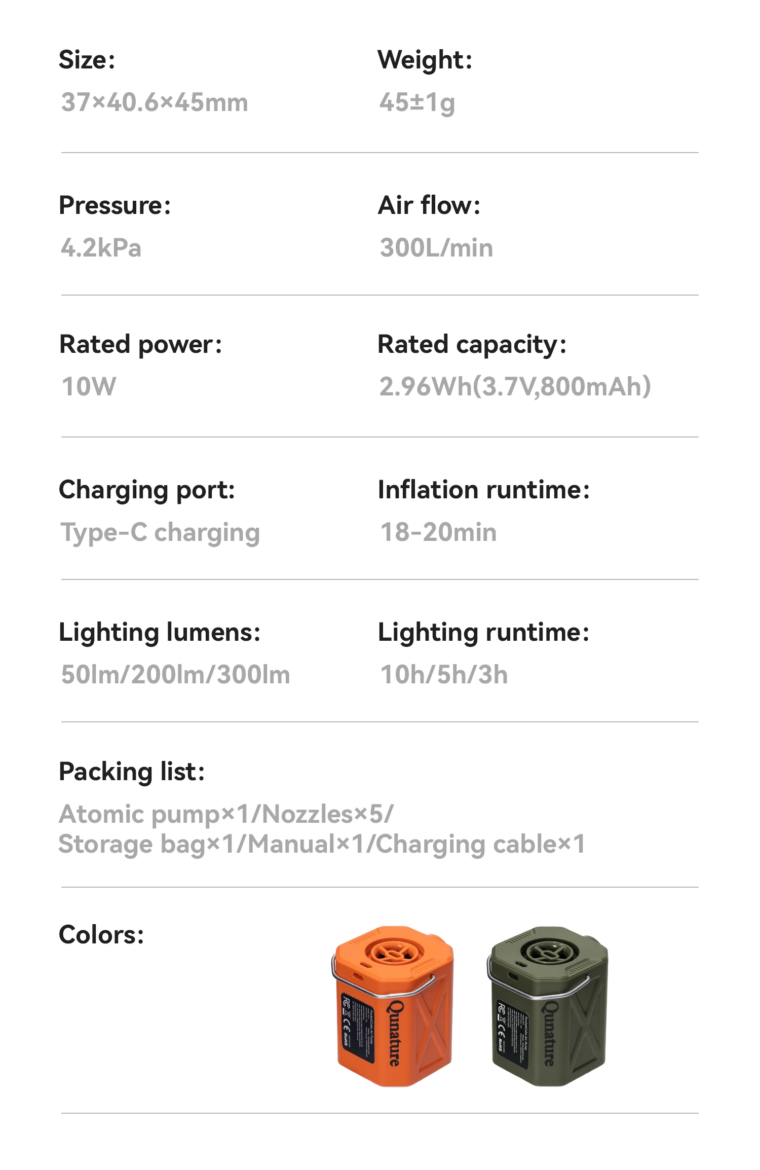 Qunature Air Pump Inflatable Outdoor Electric Inflator for Mattresses Pillows 3-mode lighting Portable Lightweight Pump