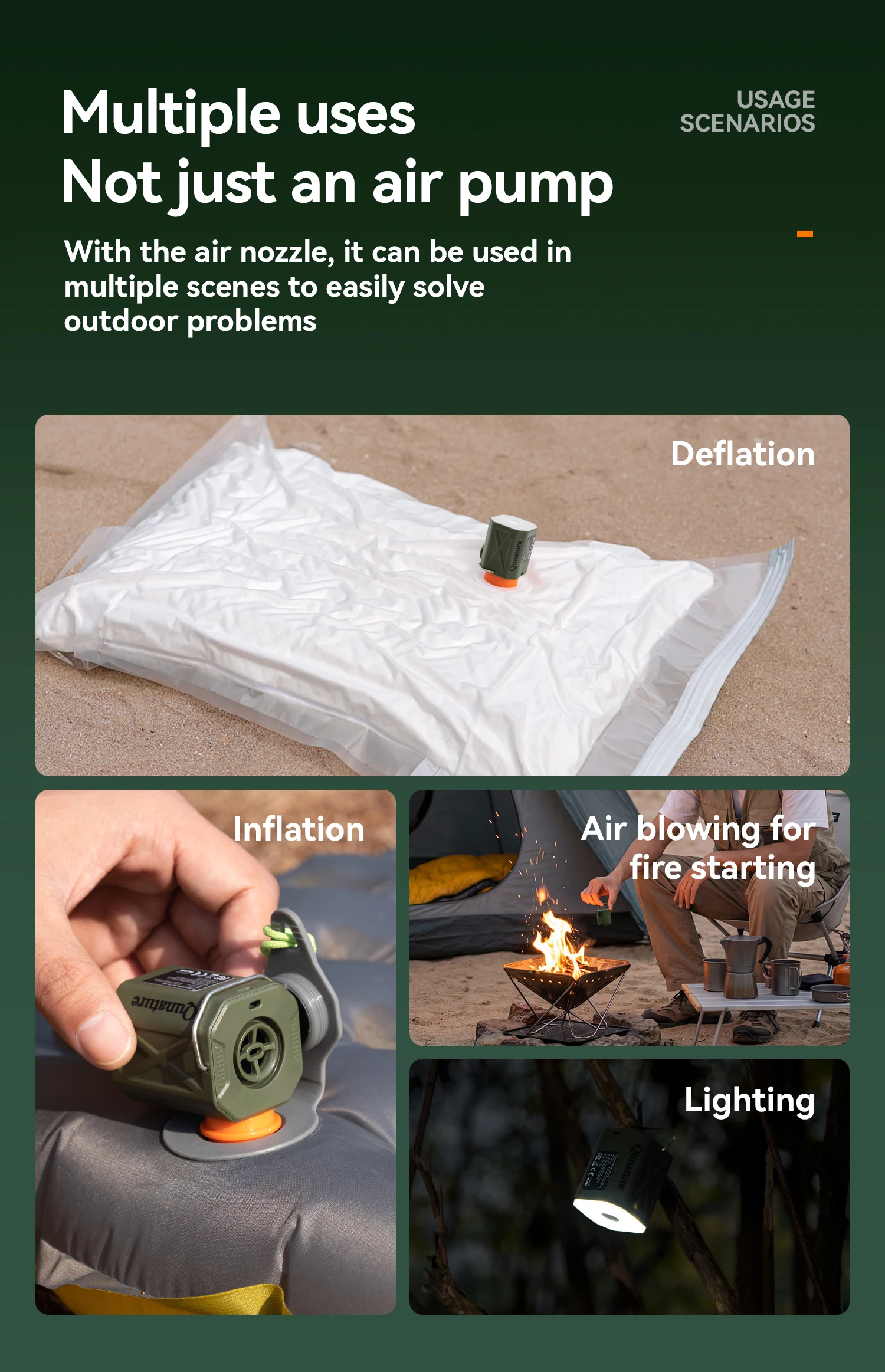 Qunature Air Pump Inflatable Outdoor Electric Inflator for Mattresses Pillows 3-mode lighting Portable Lightweight Pump