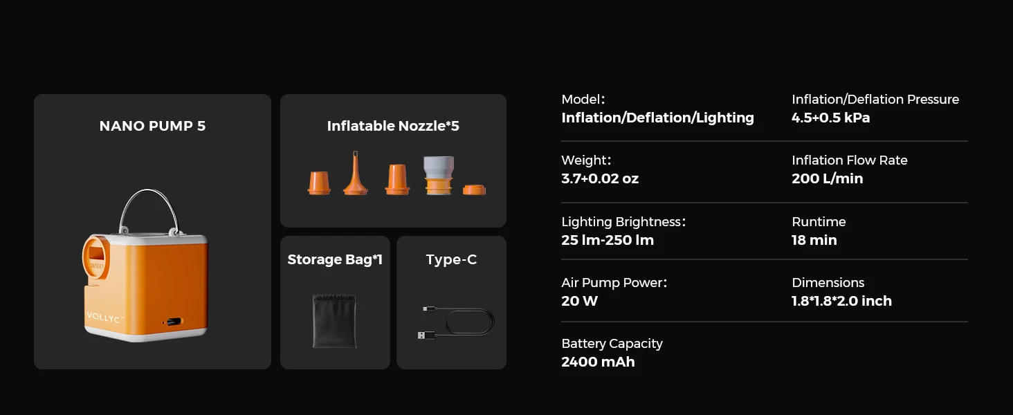 VOLLYC Electric Air Pump, NANO PUMP 5,Ultralight Portable Air Pump Rechargeable, suitable for air mattress, vacuum bag, camping