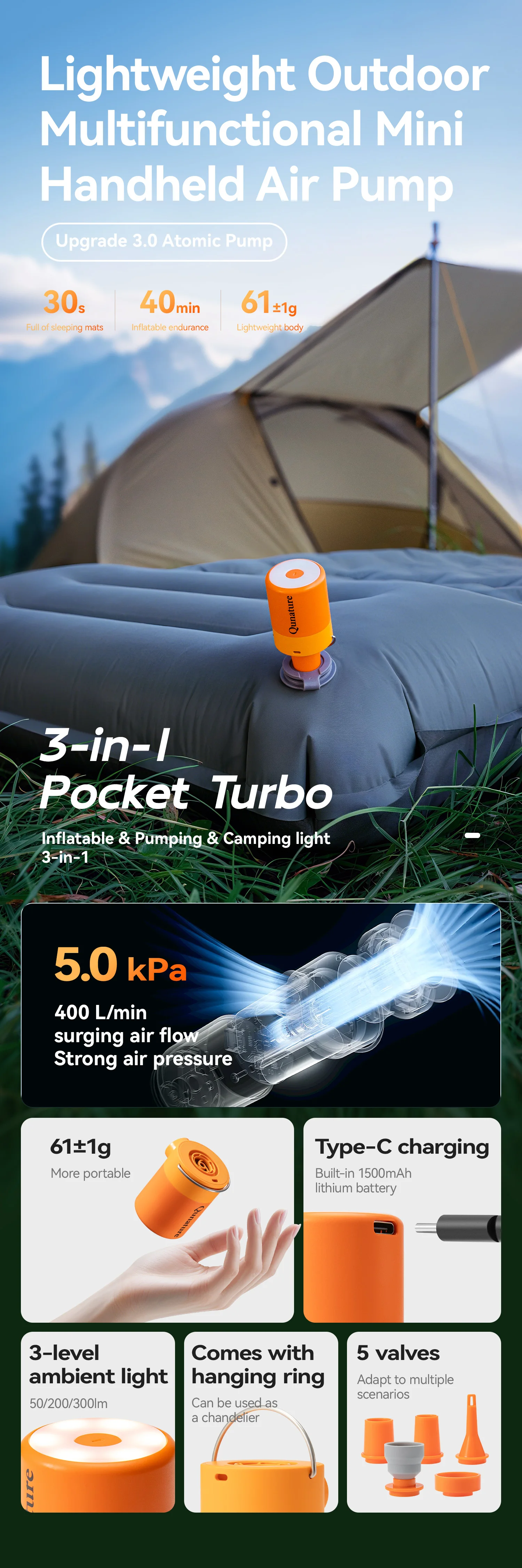 Qunature 3-in-1 Electric Air Pump Inflation Deflation Camping Light Lightweight Strong Air Pressure Mini Air Mattress/Swim Ring