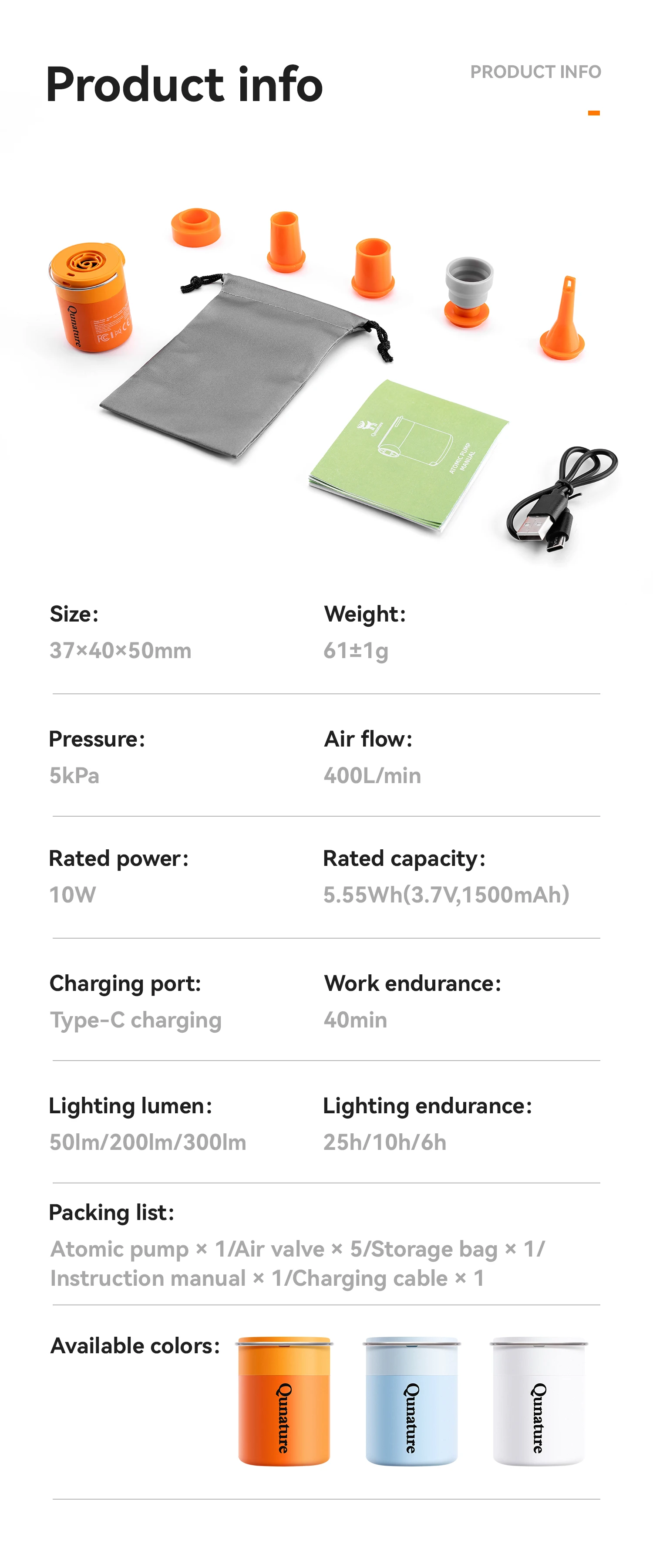 Qunature 3-in-1 Electric Air Pump Inflation Deflation Camping Light Lightweight Strong Air Pressure Mini Air Mattress/Swim Ring