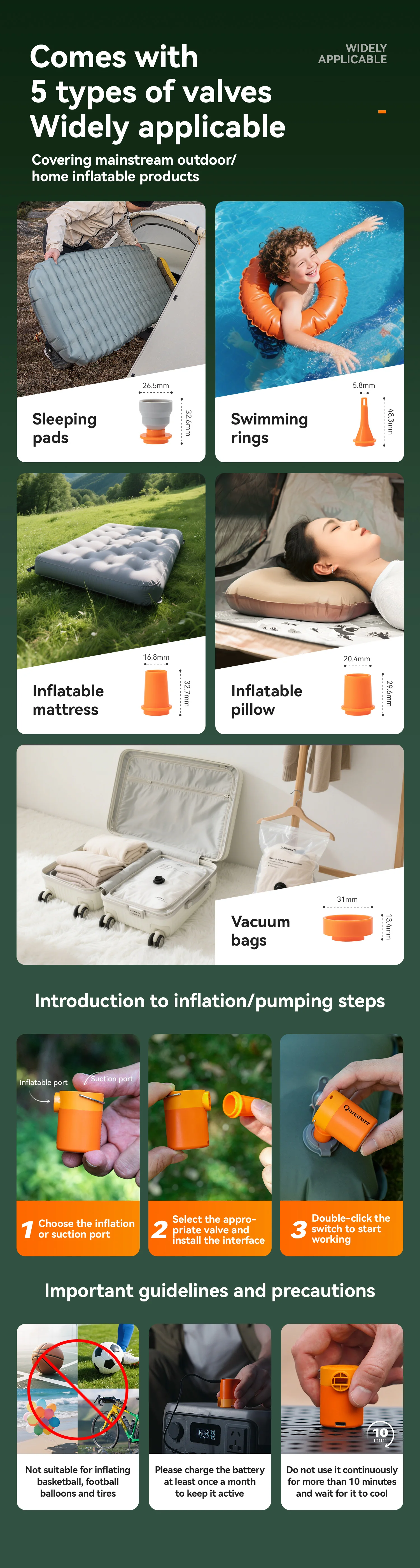 Qunature 3-in-1 Electric Air Pump Inflation Deflation Camping Light Lightweight Strong Air Pressure Mini Air Mattress/Swim Ring