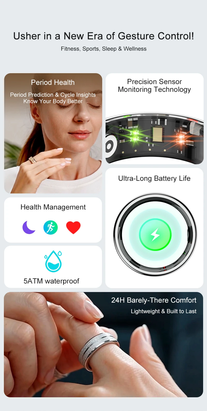Smart Ring Men Women AI Health Analysis Heart Rate Body Temperature 5ATM Waterproof Multi Sport Modes Gesture Control Smart Ring