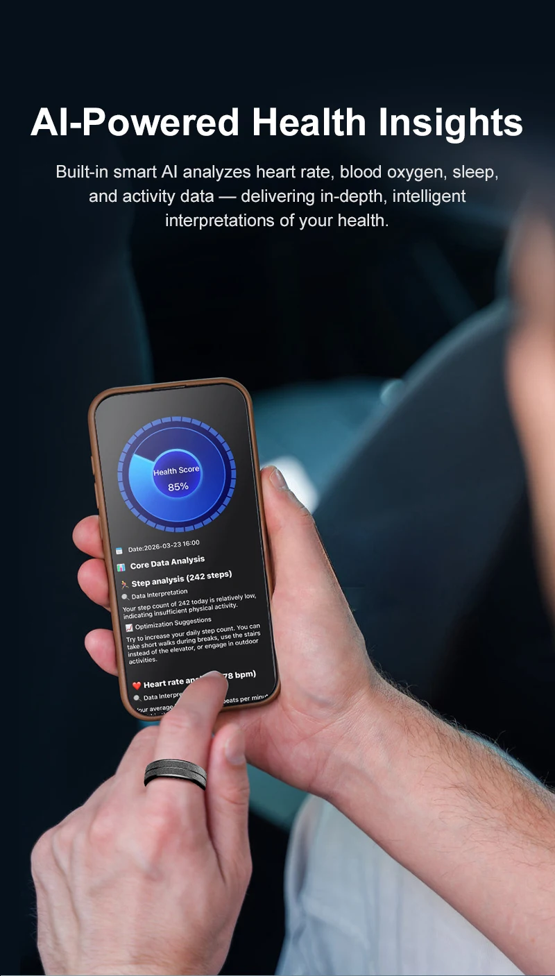 Smart Ring Men Women AI Health Analysis Heart Rate Body Temperature 5ATM Waterproof Multi Sport Modes Gesture Control Smart Ring