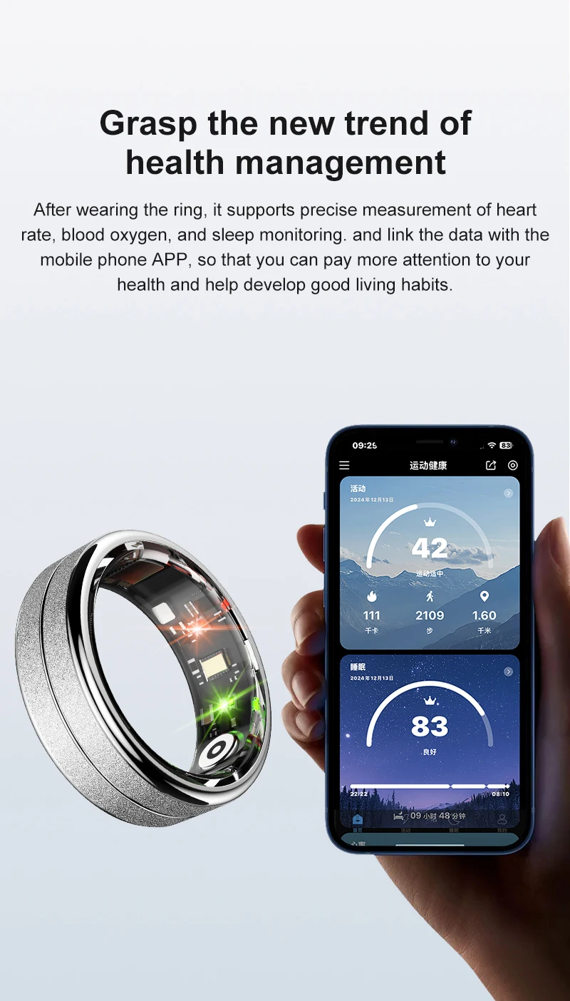 Smart Ring Men Women AI Health Analysis Heart Rate Body Temperature 5ATM Waterproof Multi Sport Modes Gesture Control Smart Ring