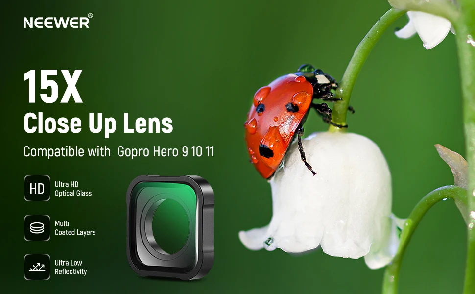 NEEWER 15X Magnification Lens 7-10cm Focal Distance for Macro Photography Close Up Compatible with GoPro Hero 13 12 11 10 9