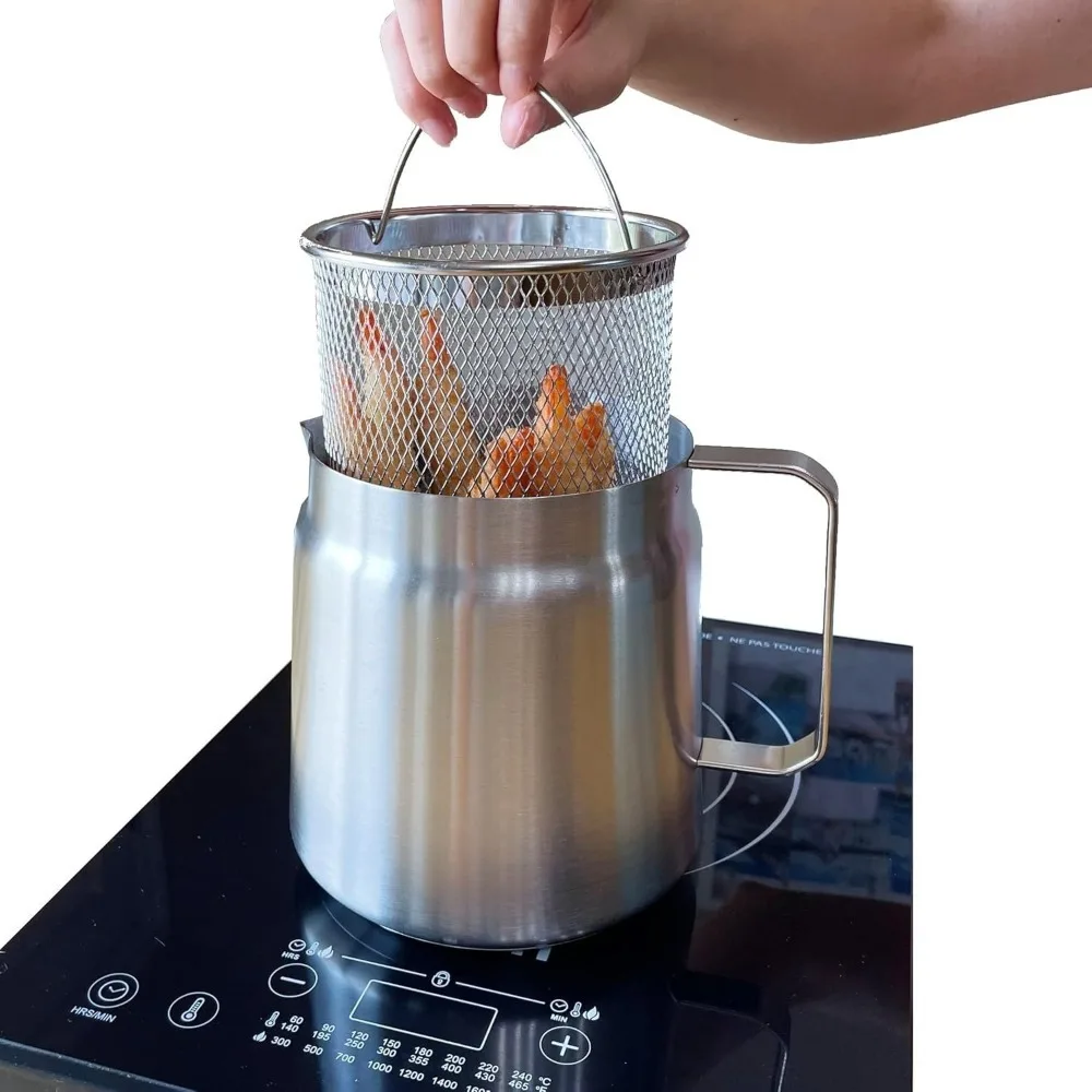 Stainless Steel 2L Deep Fryer Pot with Basket and Oil Strainer, 304 Stainless Steel Deep Frying Pot for French Fries, Chicken