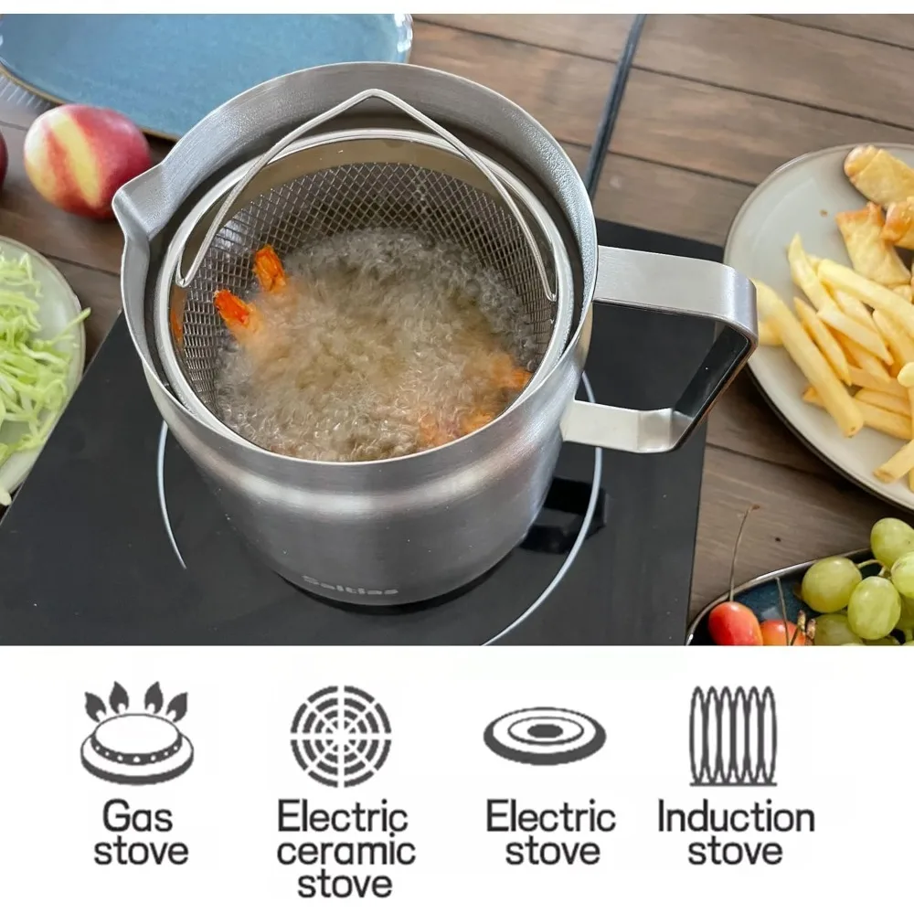 Stainless Steel 2L Deep Fryer Pot with Basket and Oil Strainer, 304 Stainless Steel Deep Frying Pot for French Fries, Chicken