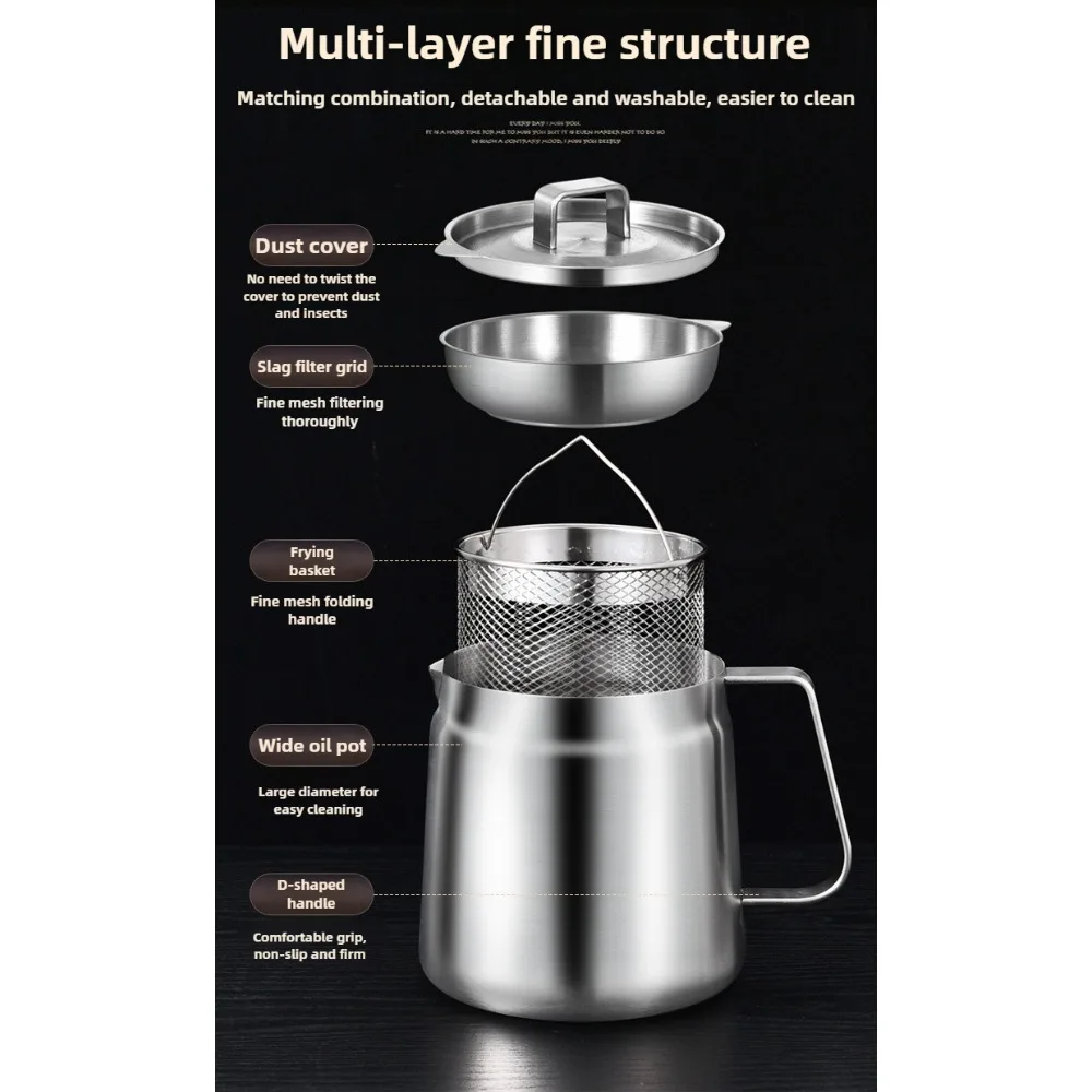 Stainless Steel 2L Deep Fryer Pot with Basket and Oil Strainer, 304 Stainless Steel Deep Frying Pot for French Fries, Chicken