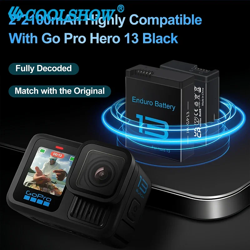 2100mah Battery for Gopro Hero 13 Black / Go Pro Hero13 Batteries Charger Action Camera Battery for Gopro13 Accessories
