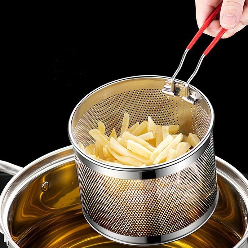 1PC Stainless Steel Fried Mesh Kitchen Fry Basket Cooking Basket Fry Pan Oil Pan Strainer Noodle Spoon Colander French Fries