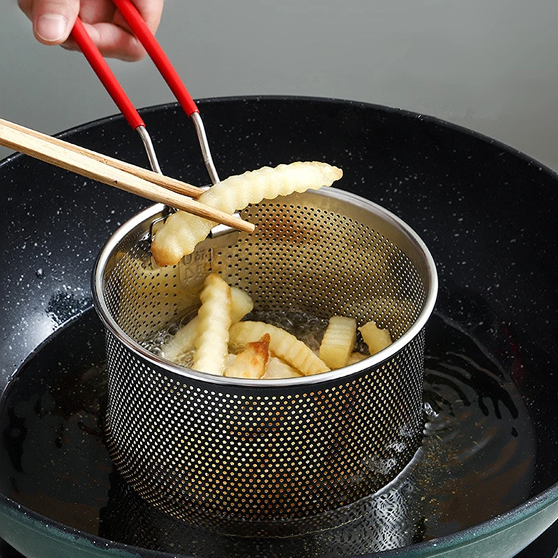 1PC Stainless Steel Fried Mesh Kitchen Fry Basket Cooking Basket Fry Pan Oil Pan Strainer Noodle Spoon Colander French Fries