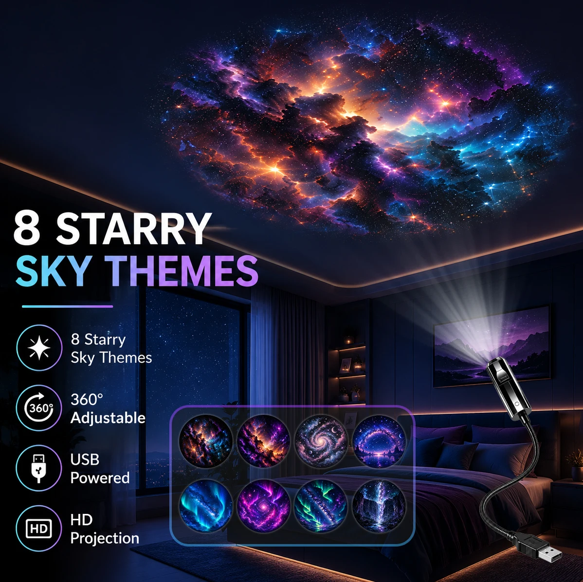 Starry Sky Nebula Projector Light, USB Night Light for Bedroom Living Room