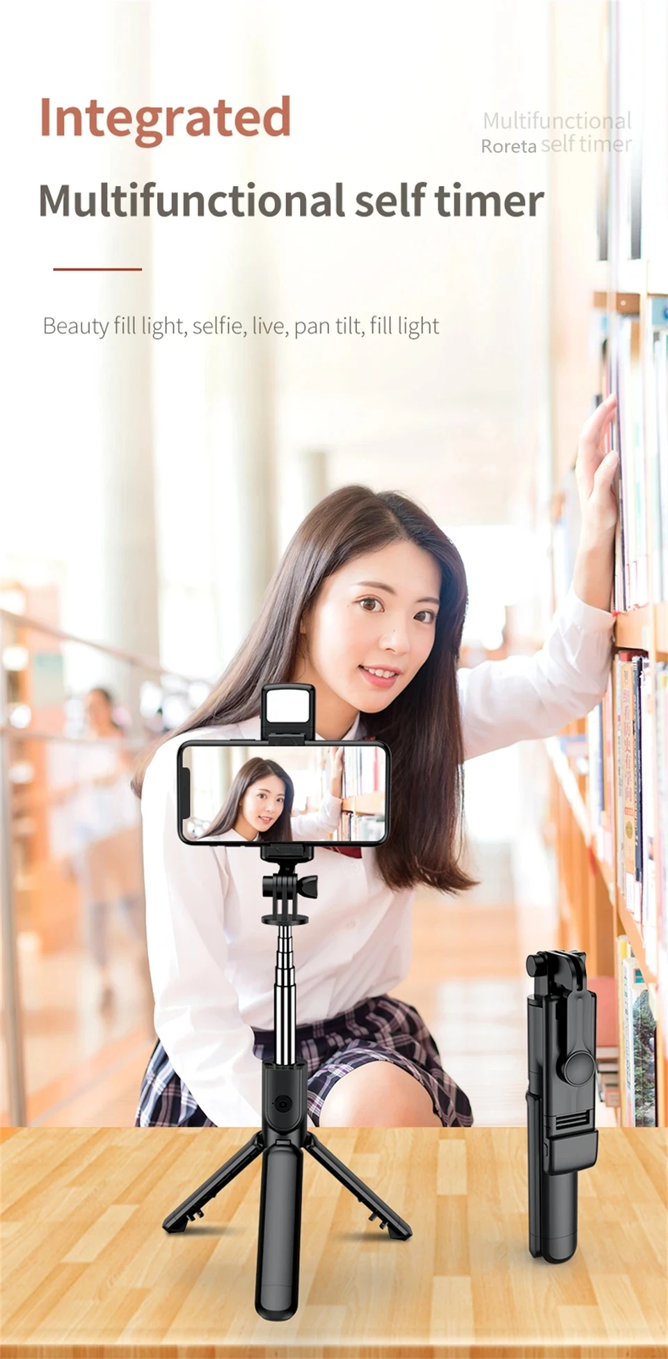 FANGTUOSI Phone Selfie Stick Tripod Bluetooth Remote Wireless Selfi Stick Phone Holder With Beauty LED Fill Light