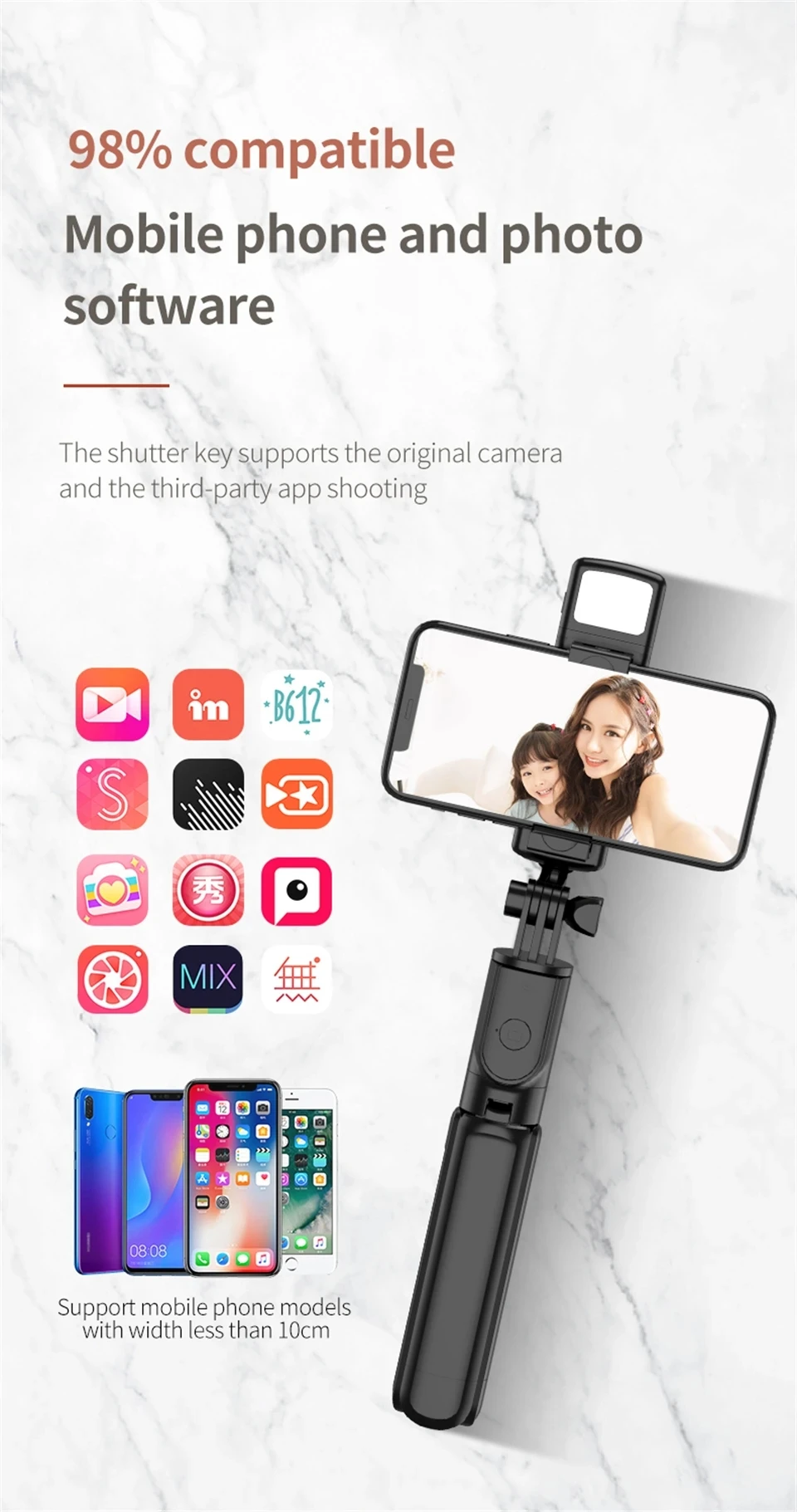FANGTUOSI Phone Selfie Stick Tripod Bluetooth Remote Wireless Selfi Stick Phone Holder With Beauty LED Fill Light